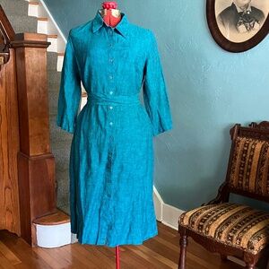 NWOT Oda Lux (like NPL) Turquoise Melange Linen Shirt Dress Pockets Belt M/L